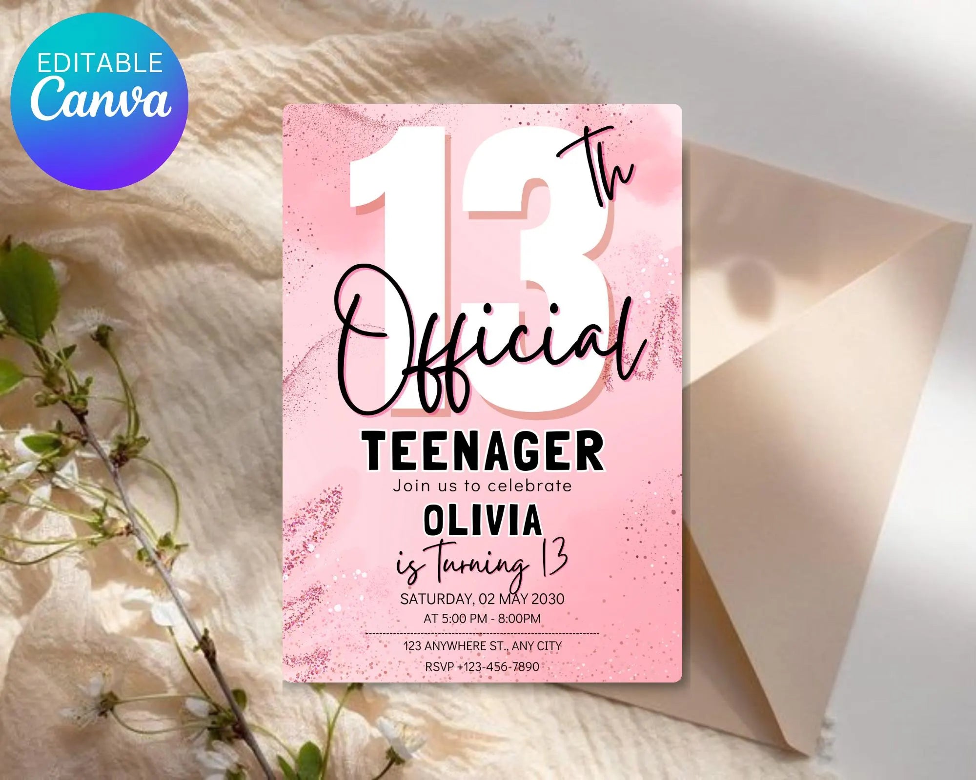 Editable 13th Birthday Invitation, Finally a Teenager, Pink and Black Invitation, Girl Invite, 13th Party Invitations, Instant Download