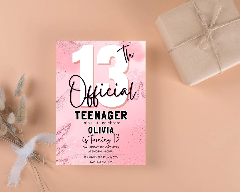Editable 13th Birthday Invitation, Finally a Teenager, Pink and Black Invitation, Girl Invite, 13th Party Invitations, Instant Download