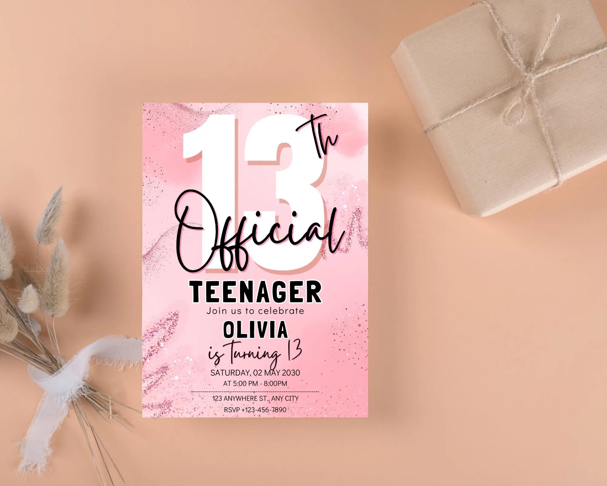Editable 13th Birthday Invitation, Finally a Teenager, Pink and Black Invitation, Girl Invite, 13th Party Invitations, Instant Download