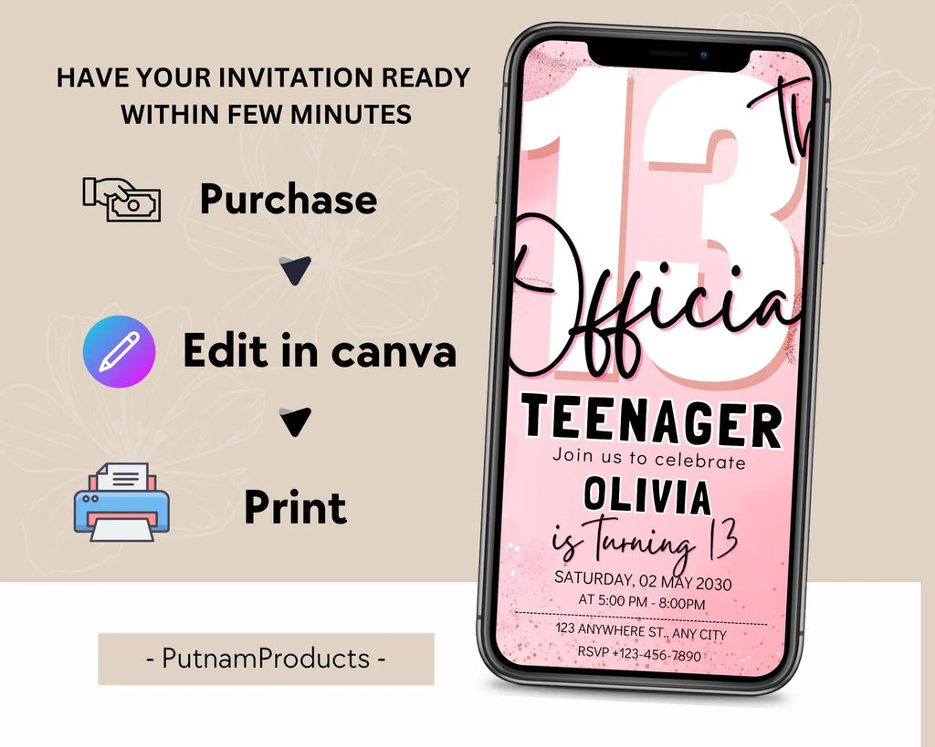 Editable 13th Birthday Invitation, Finally a Teenager, Pink and Black Invitation, Girl Invite, 13th Party Invitations, Instant Download