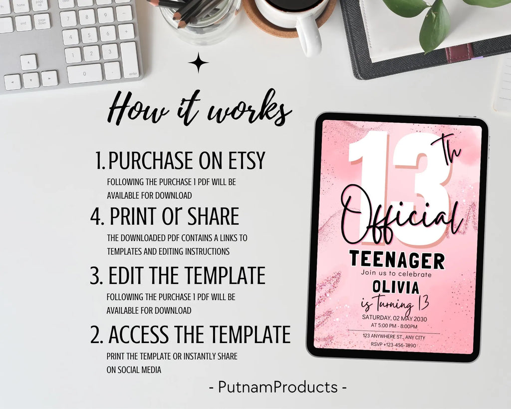 Editable 13th Birthday Invitation, Finally a Teenager, Pink and Black Invitation, Girl Invite, 13th Party Invitations, Instant Download