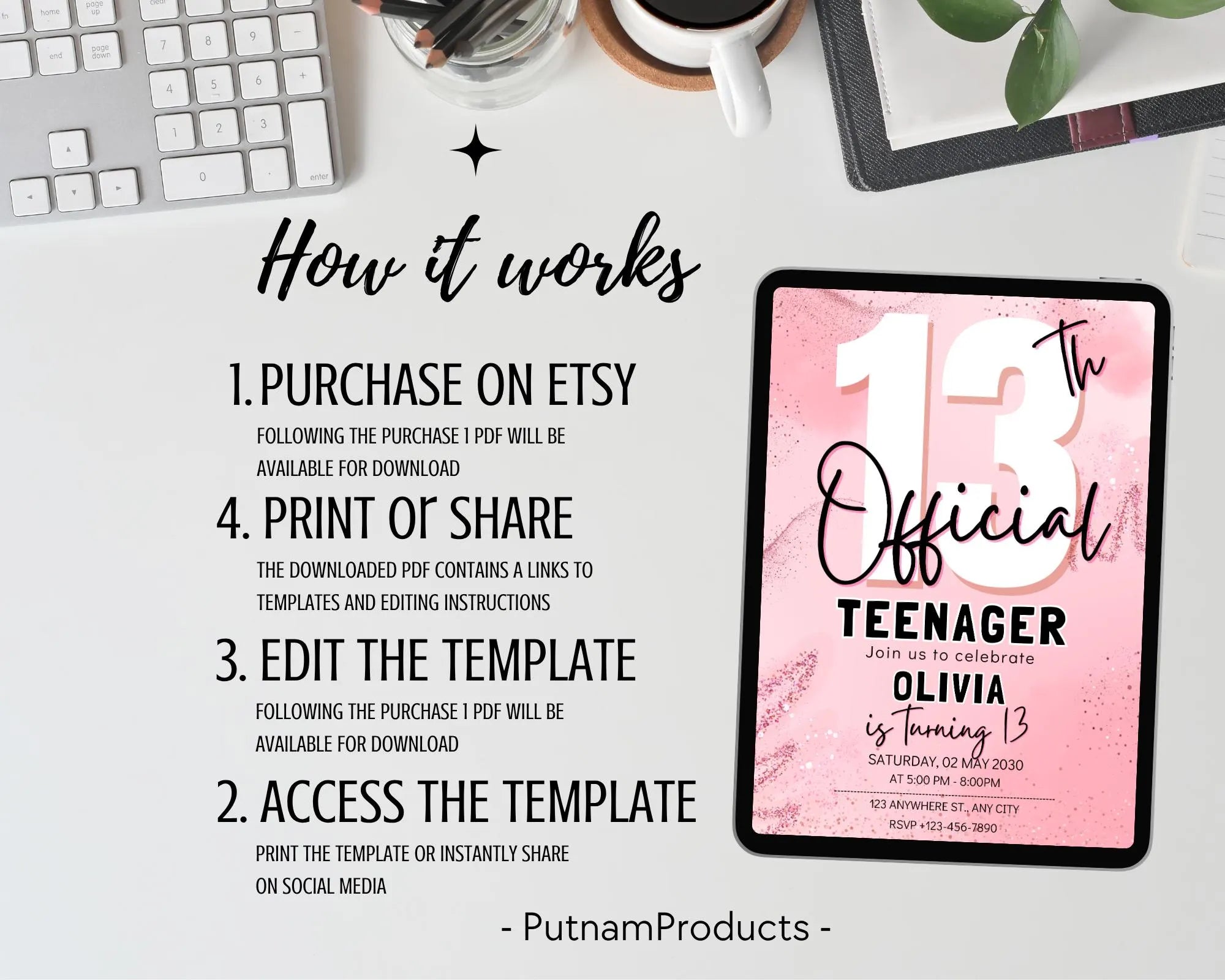 Editable 13th Birthday Invitation, Finally a Teenager, Pink and Black Invitation, Girl Invite, 13th Party Invitations, Instant Download