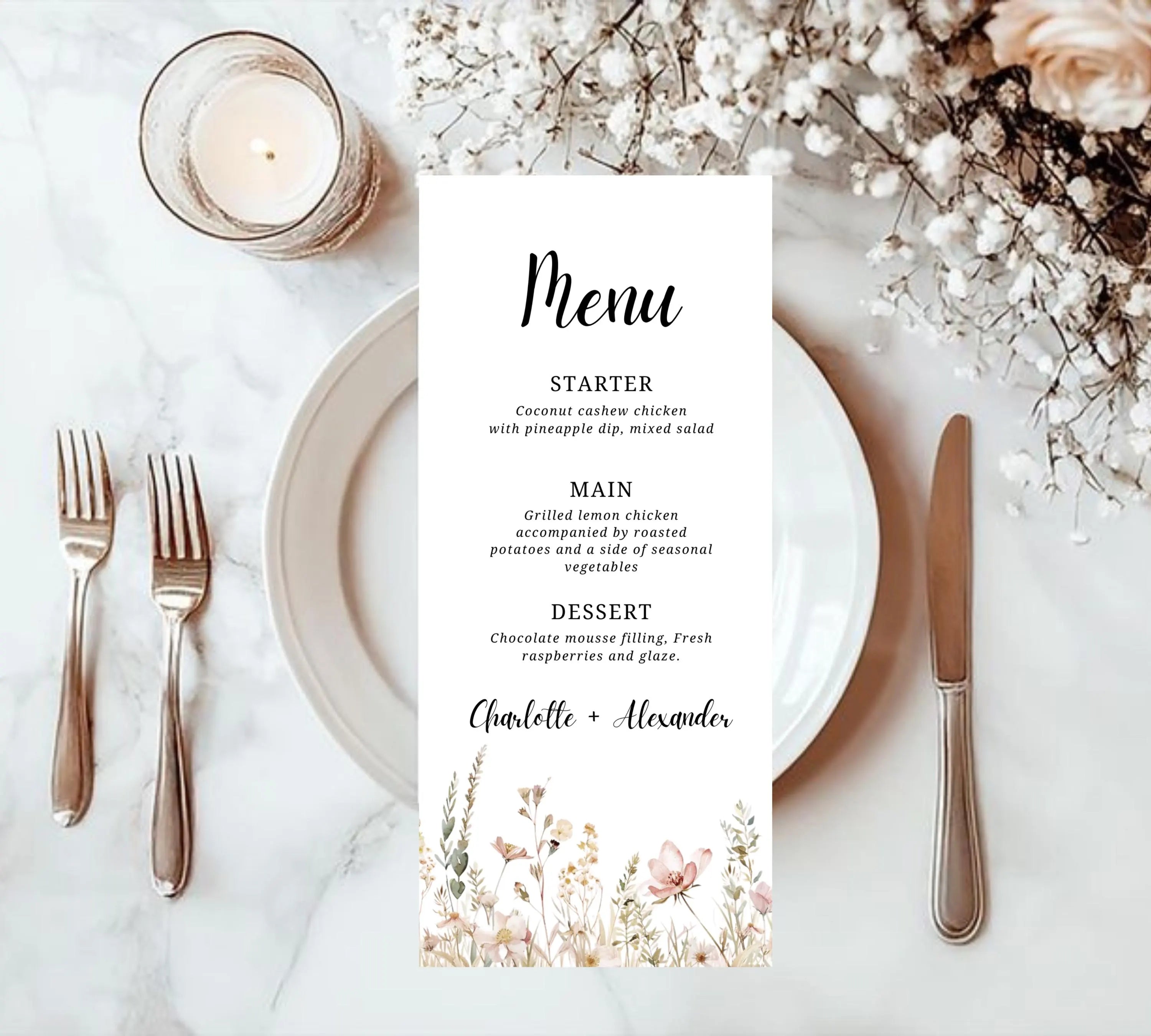 Botanical Wildflower Wedding Invitation Bundle, Floral Reception Wedding Invitation set, Minimal Wedding Table Signage suite