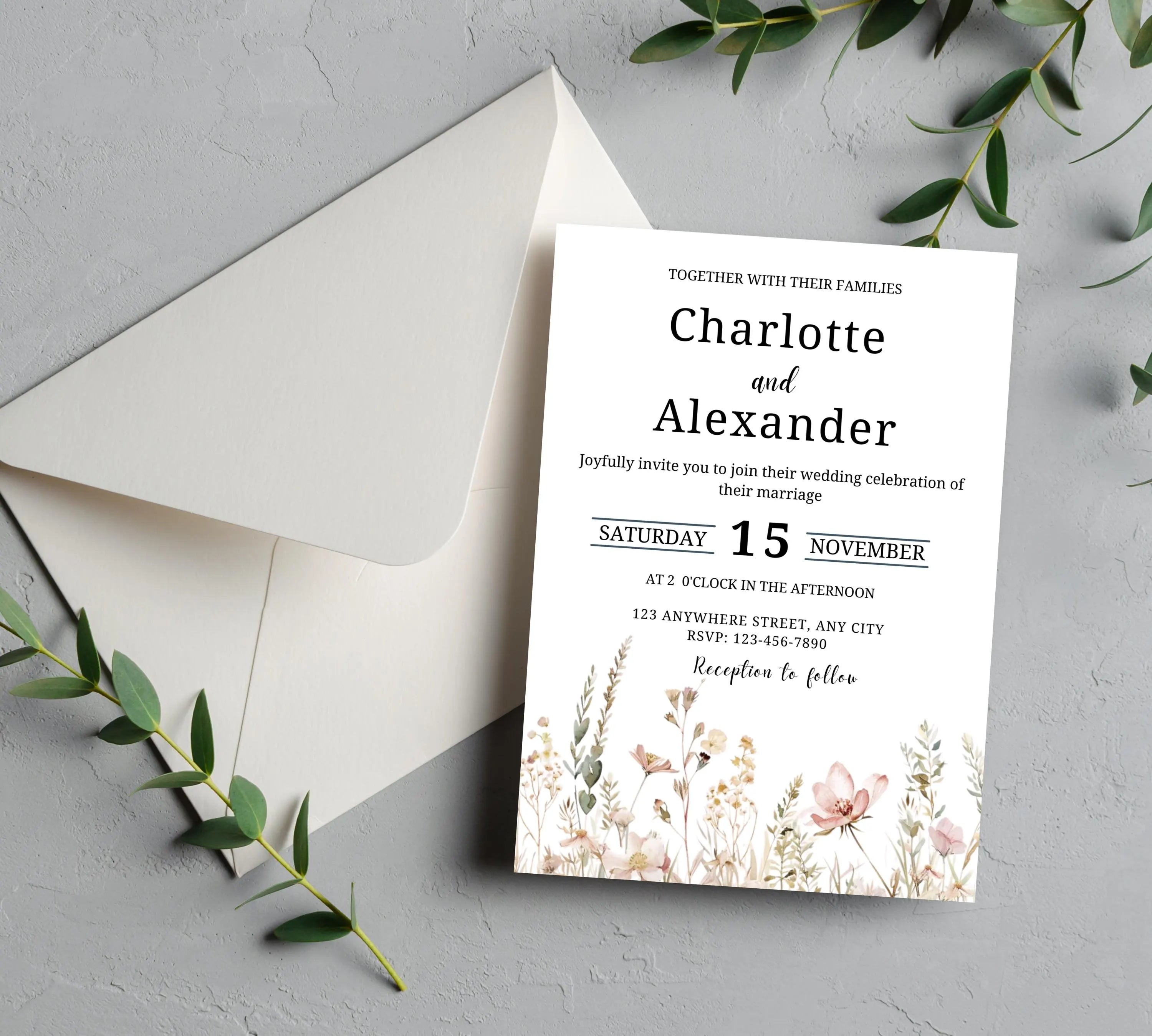 Botanical Wildflower Wedding Invitation Bundle, Floral Reception Wedding Invitation set, Minimal Wedding Table Signage suite