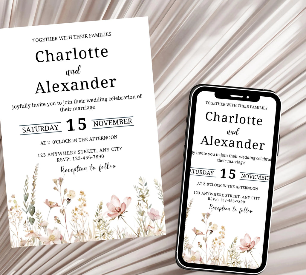 Botanical Wildflower Wedding Invitation Bundle, Floral Reception Wedding Invitation set, Minimal Wedding Table Signage suite