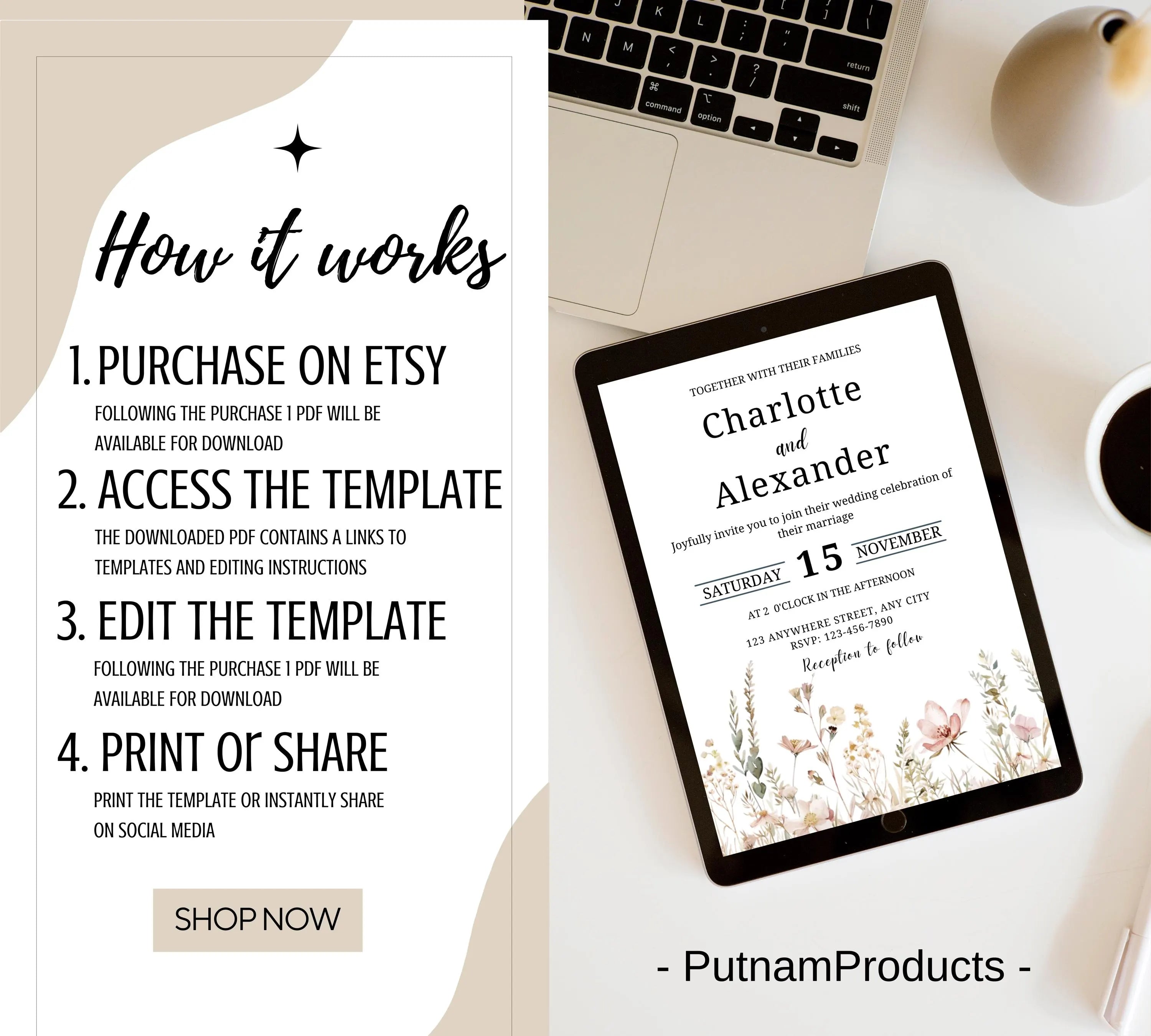 Botanical Wildflower Wedding Invitation Bundle, Floral Reception Wedding Invitation set, Minimal Wedding Table Signage suite