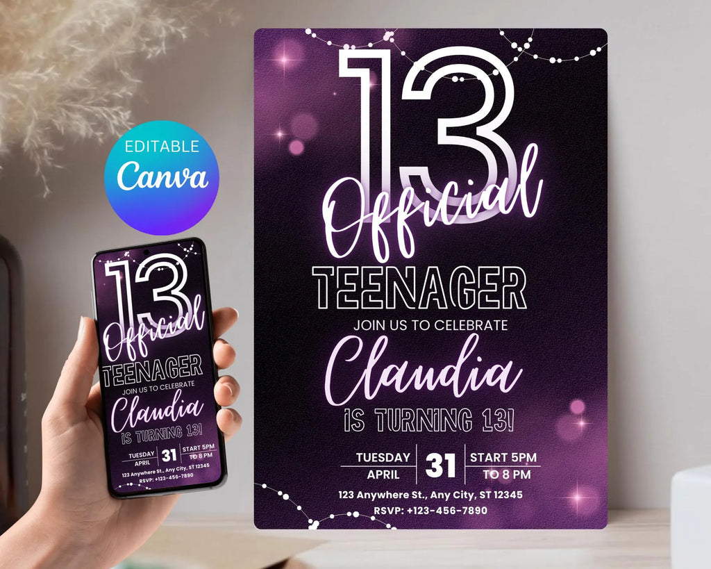 Neon Glow 13th Birthday Invitation, EDITABLE Official Teenager Party Invite, Girl and Boy Birthday Template, Instant Download Template