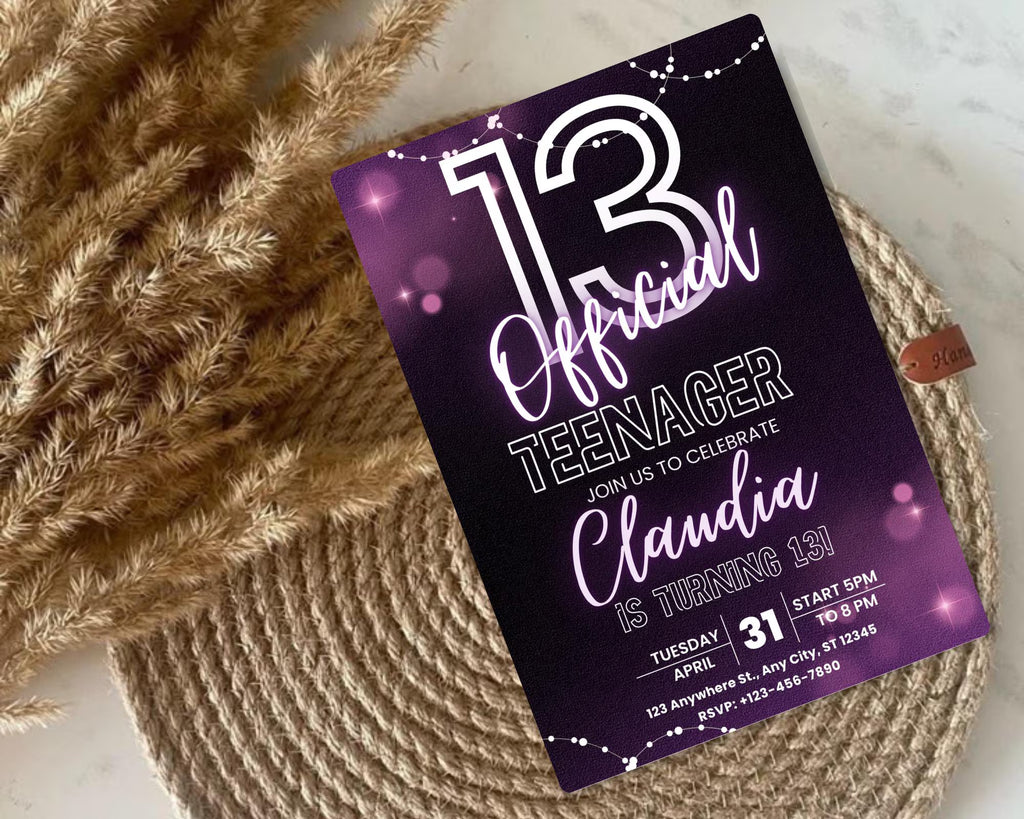 Neon Glow 13th Birthday Invitation, EDITABLE Official Teenager Party Invite, Girl and Boy Birthday Template, Instant Download Template
