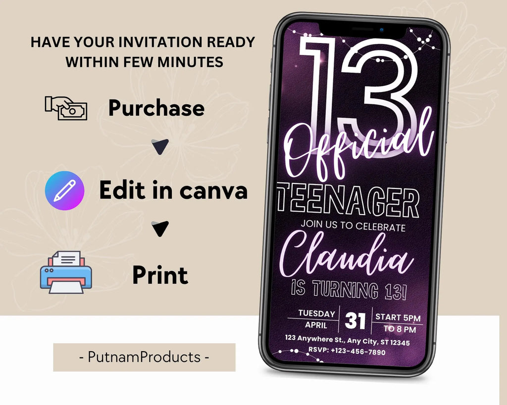 Neon Glow 13th Birthday Invitation, EDITABLE Official Teenager Party Invite, Girl and Boy Birthday Template, Instant Download Template