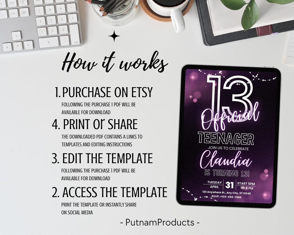 Neon Glow 13th Birthday Invitation, EDITABLE Official Teenager Party Invite, Girl and Boy Birthday Template, Instant Download Template