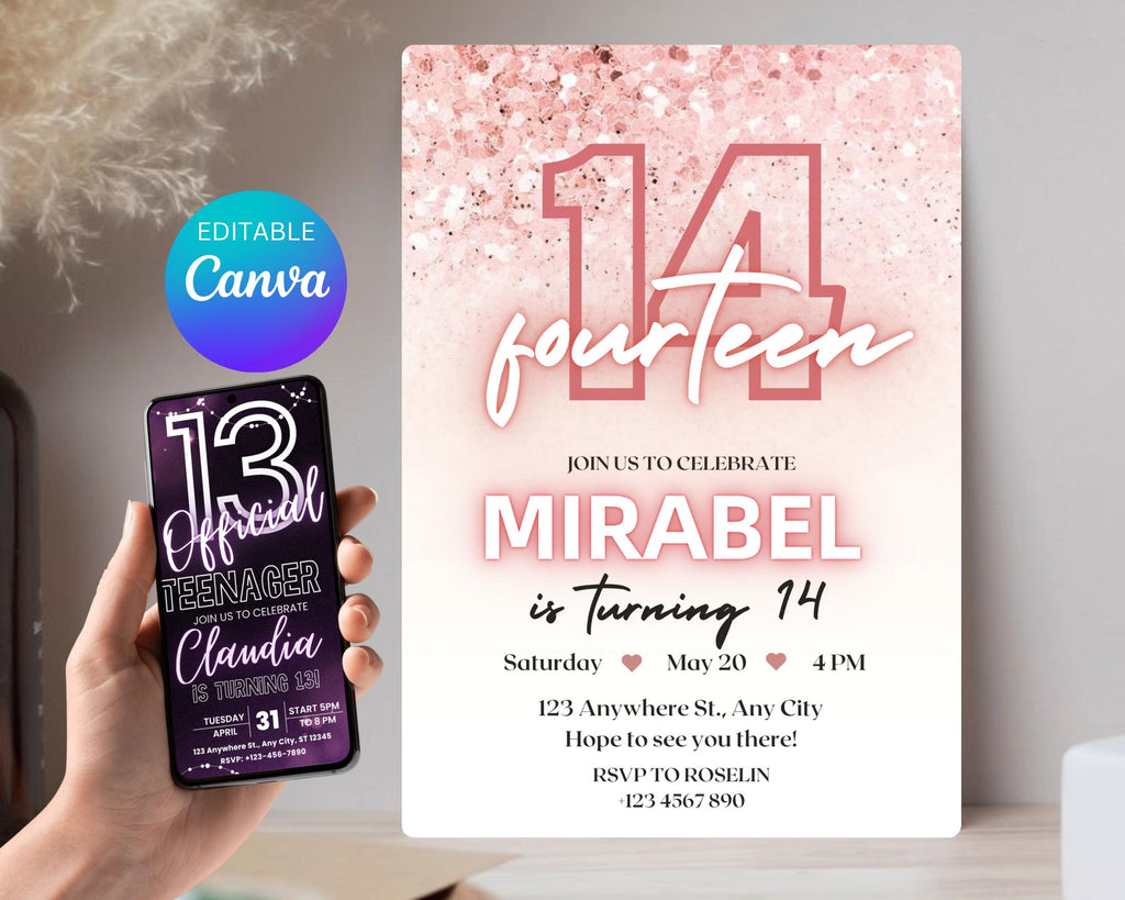 Editable Rose Gold Teen Birthday Invitation, Pink Glitter Confetti Party Invite, Printable Glitter Teen Birthday Invite, Instant Download