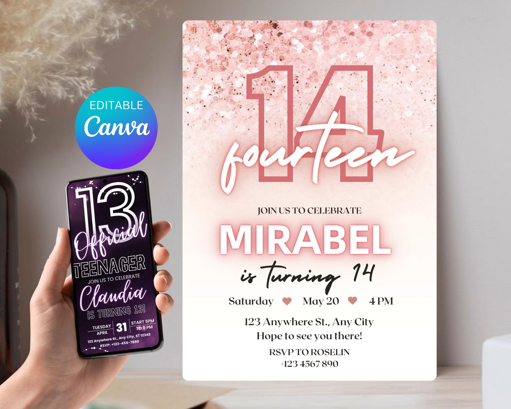 Editable Rose Gold Teen Birthday Invitation, Pink Glitter Confetti Party Invite, Printable Glitter Teen Birthday Invite, Instant Download