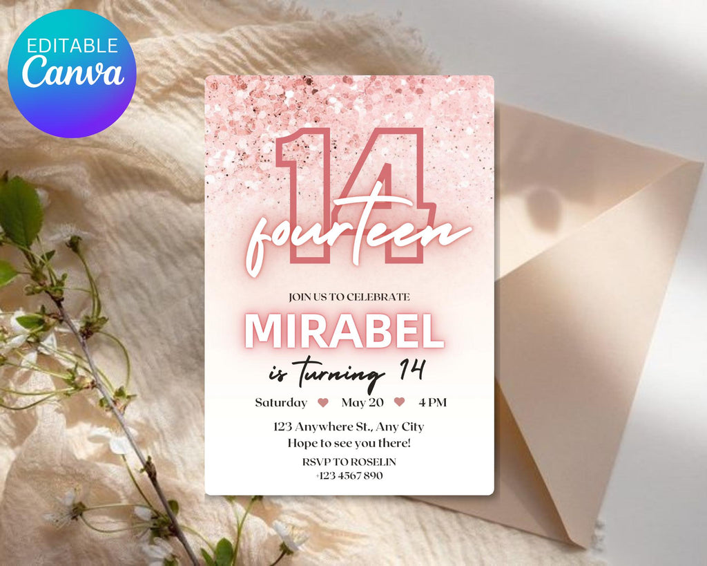 Editable Rose Gold Teen Birthday Invitation, Pink Glitter Confetti Party Invite, Printable Glitter Teen Birthday Invite, Instant Download