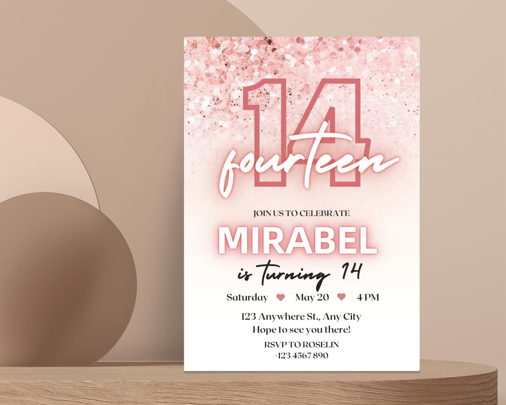Editable Rose Gold Teen Birthday Invitation, Pink Glitter Confetti Party Invite, Printable Glitter Teen Birthday Invite, Instant Download