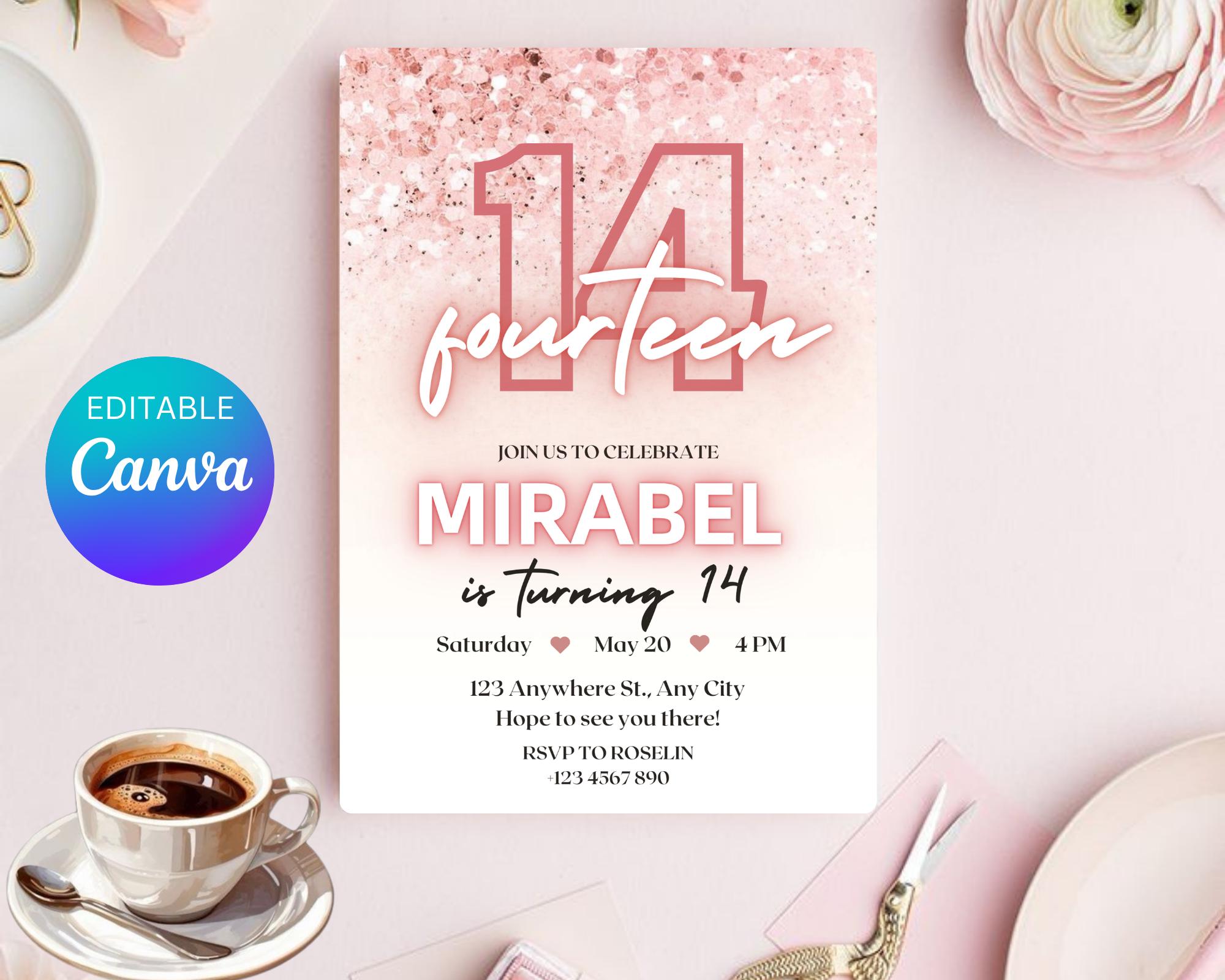 Editable Rose Gold Teen Birthday Invitation, Pink Glitter Confetti Party Invite, Printable Glitter Teen Birthday Invite, Instant Download