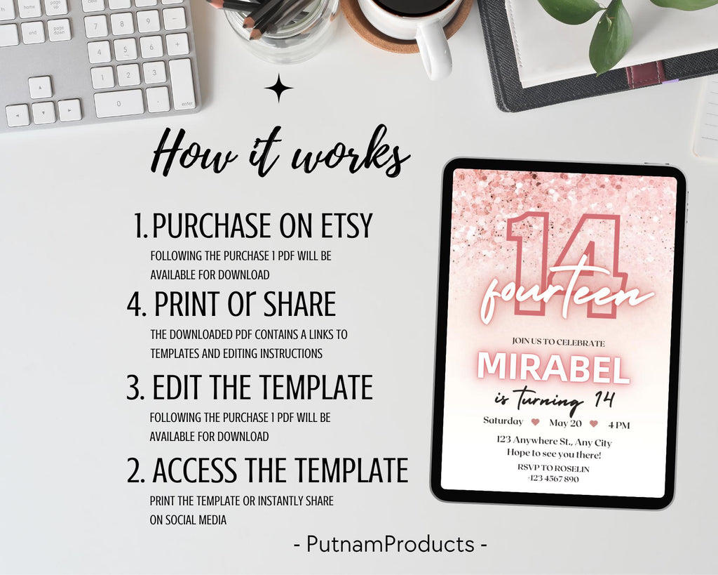 Editable Rose Gold Teen Birthday Invitation, Pink Glitter Confetti Party Invite, Printable Glitter Teen Birthday Invite, Instant Download