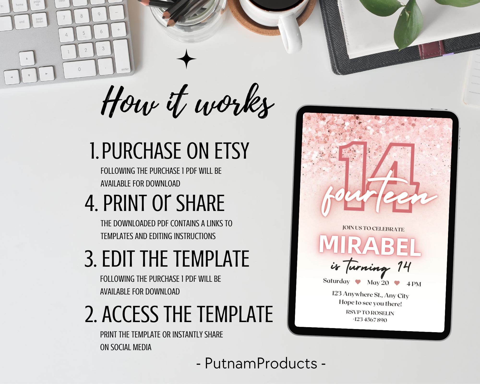 Editable Rose Gold Teen Birthday Invitation, Pink Glitter Confetti Party Invite, Printable Glitter Teen Birthday Invite, Instant Download