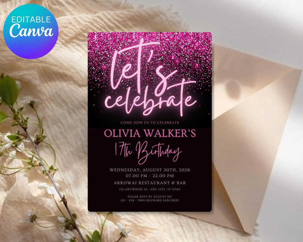Black and Pink Glittering Birthday Invitation, Let's Party Birthday Invite, Black Pink Glitter Teenager Birthday Invite, Instant Download