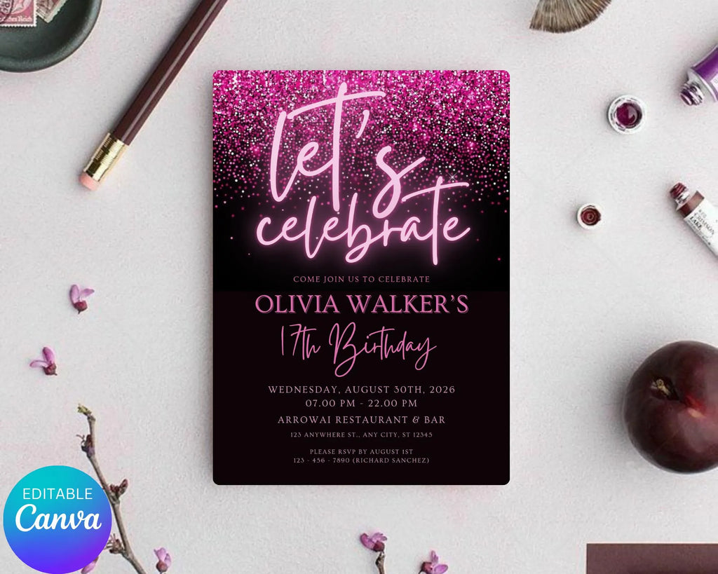 Black and Pink Glittering Birthday Invitation, Let's Party Birthday Invite, Black Pink Glitter Teenager Birthday Invite, Instant Download