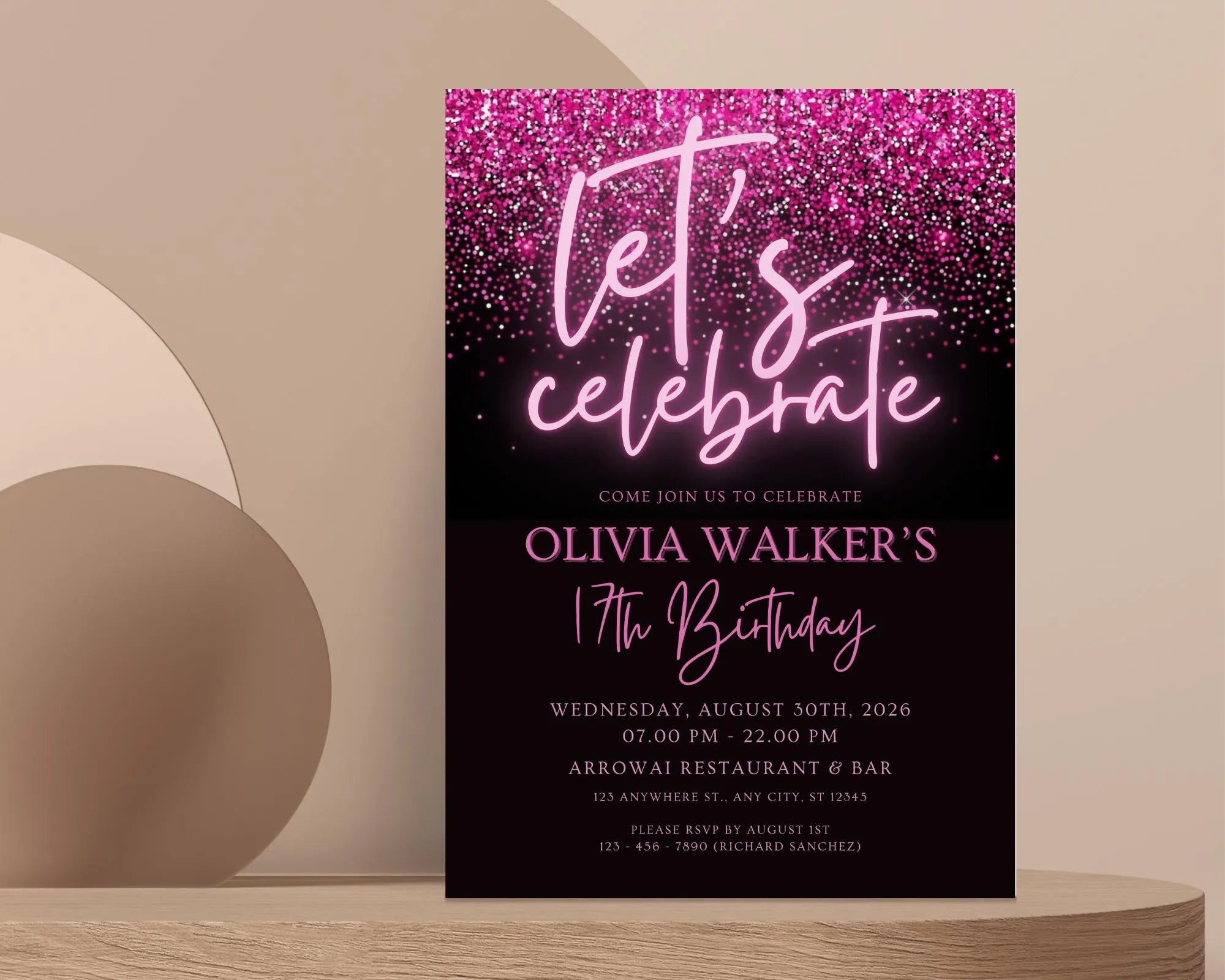 Black and Pink Glittering Birthday Invitation, Let's Party Birthday Invite, Black Pink Glitter Teenager Birthday Invite, Instant Download