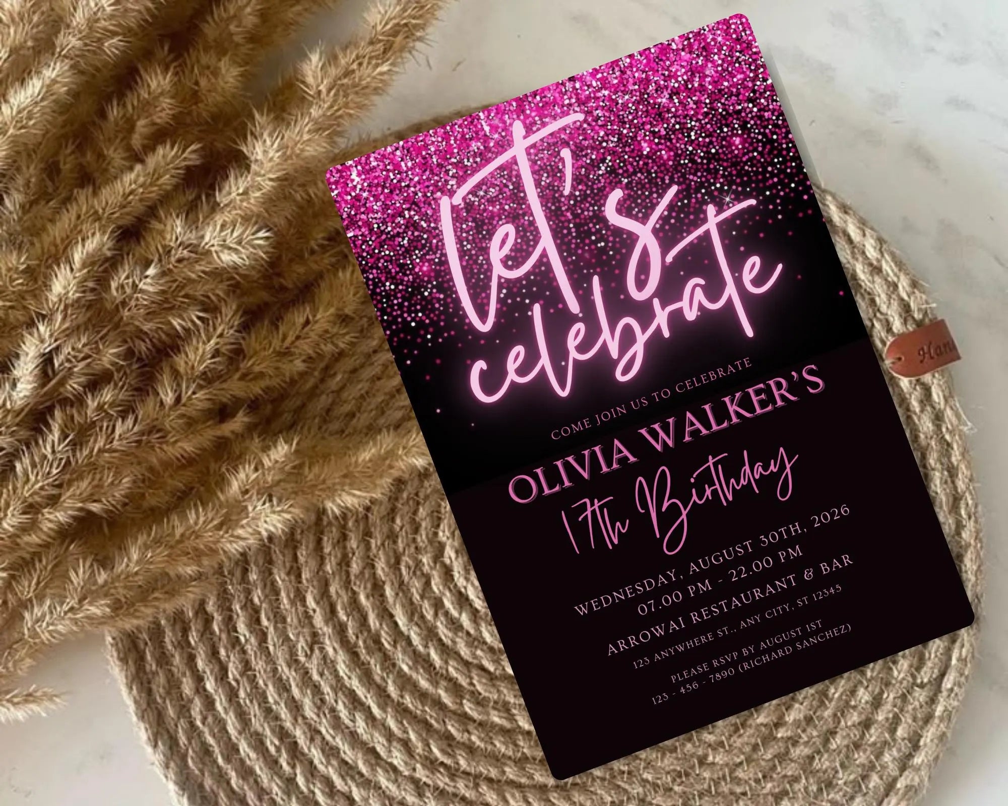 Black and Pink Glittering Birthday Invitation, Let's Party Birthday Invite, Black Pink Glitter Teenager Birthday Invite, Instant Download