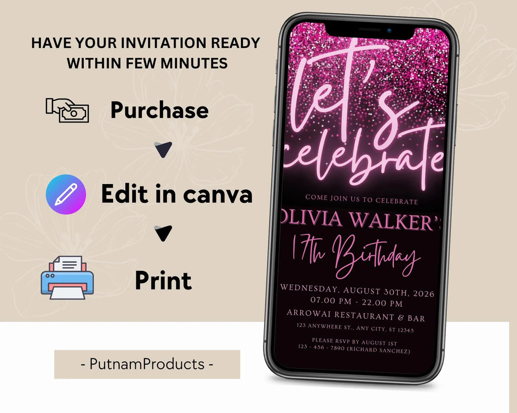 Black and Pink Glittering Birthday Invitation, Let's Party Birthday Invite, Black Pink Glitter Teenager Birthday Invite, Instant Download