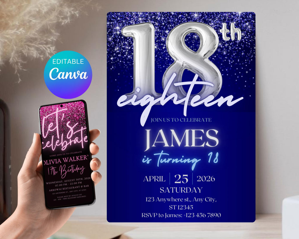 Navy Blue Silver Teenager Birthday Invitation, Birthday Party Invite, Let’s Party, Editable Blue and Silver Template, Instant Download