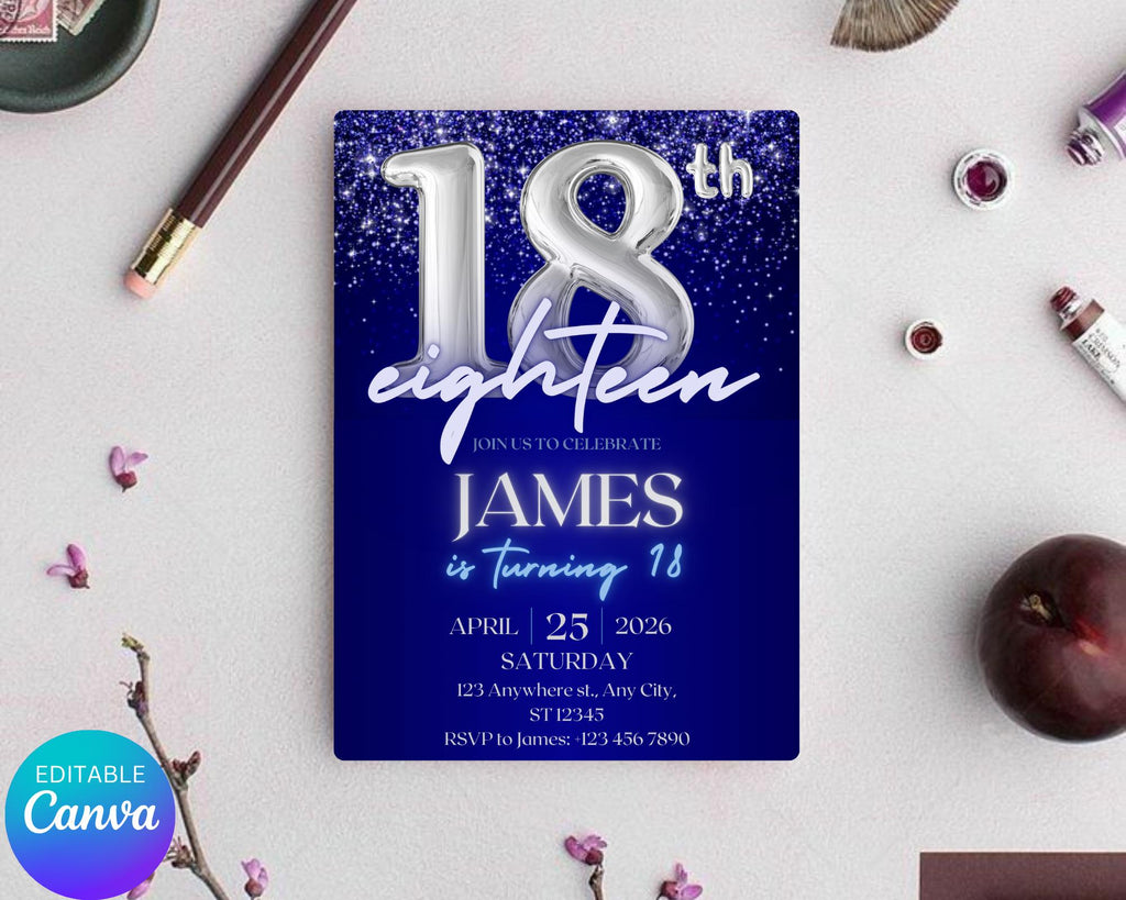 Navy Blue Silver Teenager Birthday Invitation, Birthday Party Invite, Let’s Party, Editable Blue and Silver Template, Instant Download