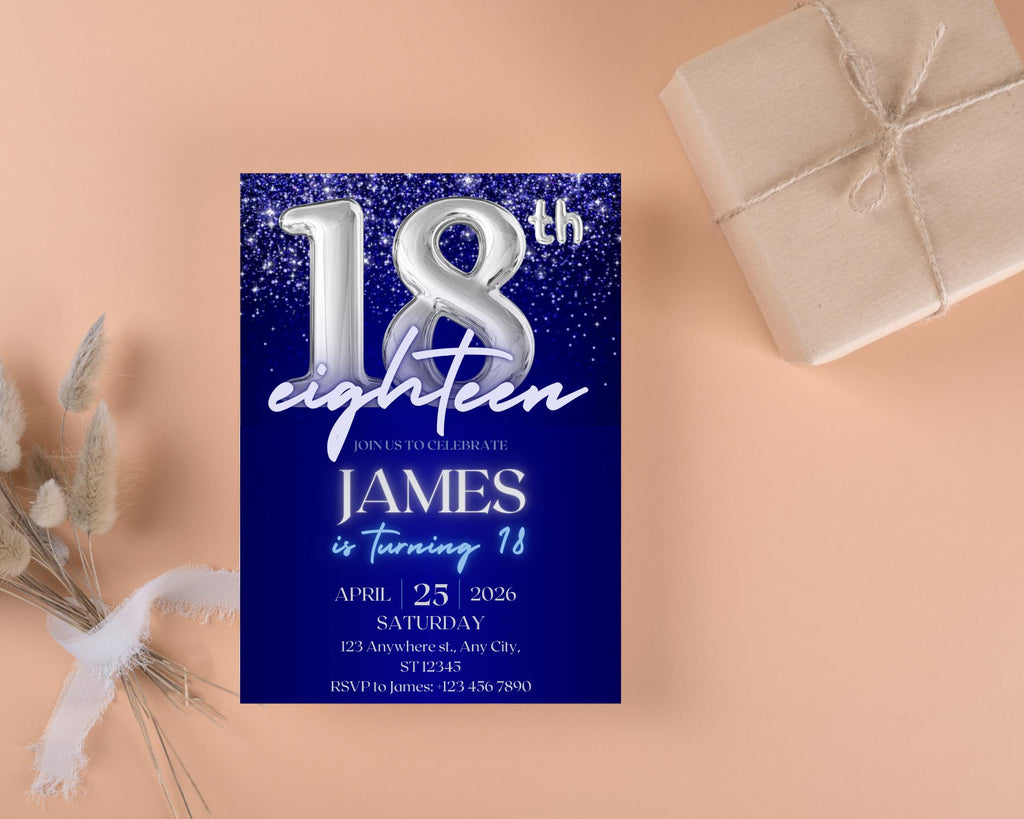 Navy Blue Silver Teenager Birthday Invitation, Birthday Party Invite, Let’s Party, Editable Blue and Silver Template, Instant Download