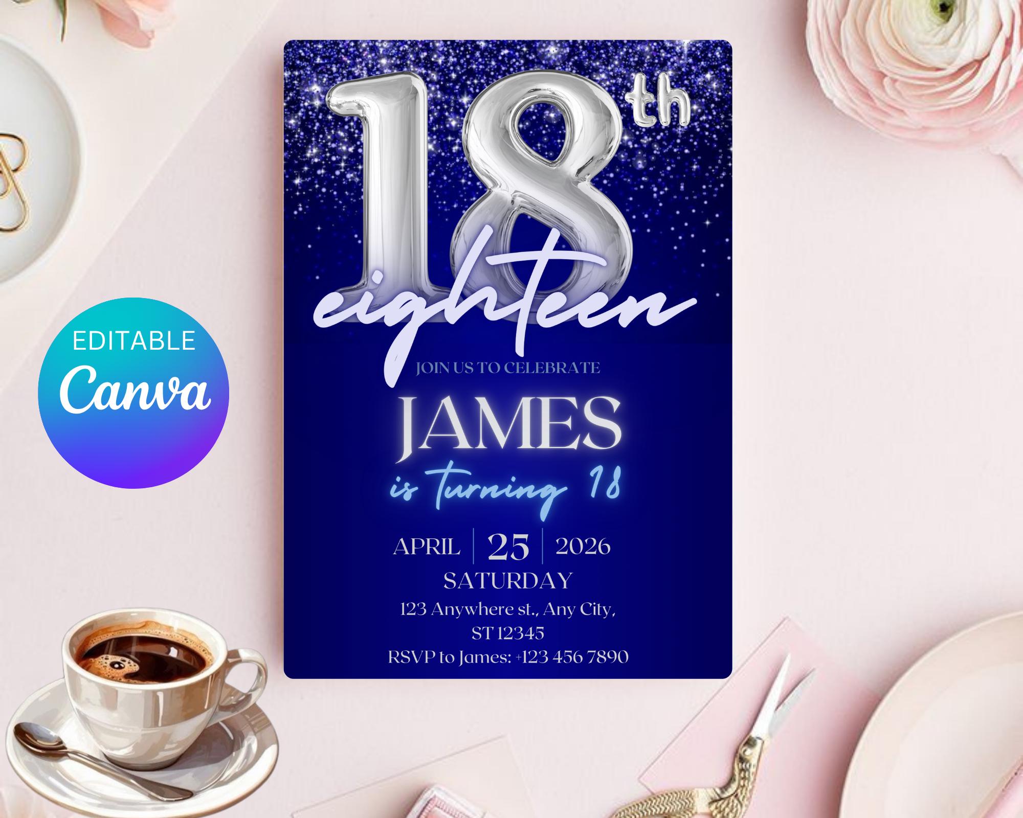 Navy Blue Silver Teenager Birthday Invitation, Birthday Party Invite, Let’s Party, Editable Blue and Silver Template, Instant Download