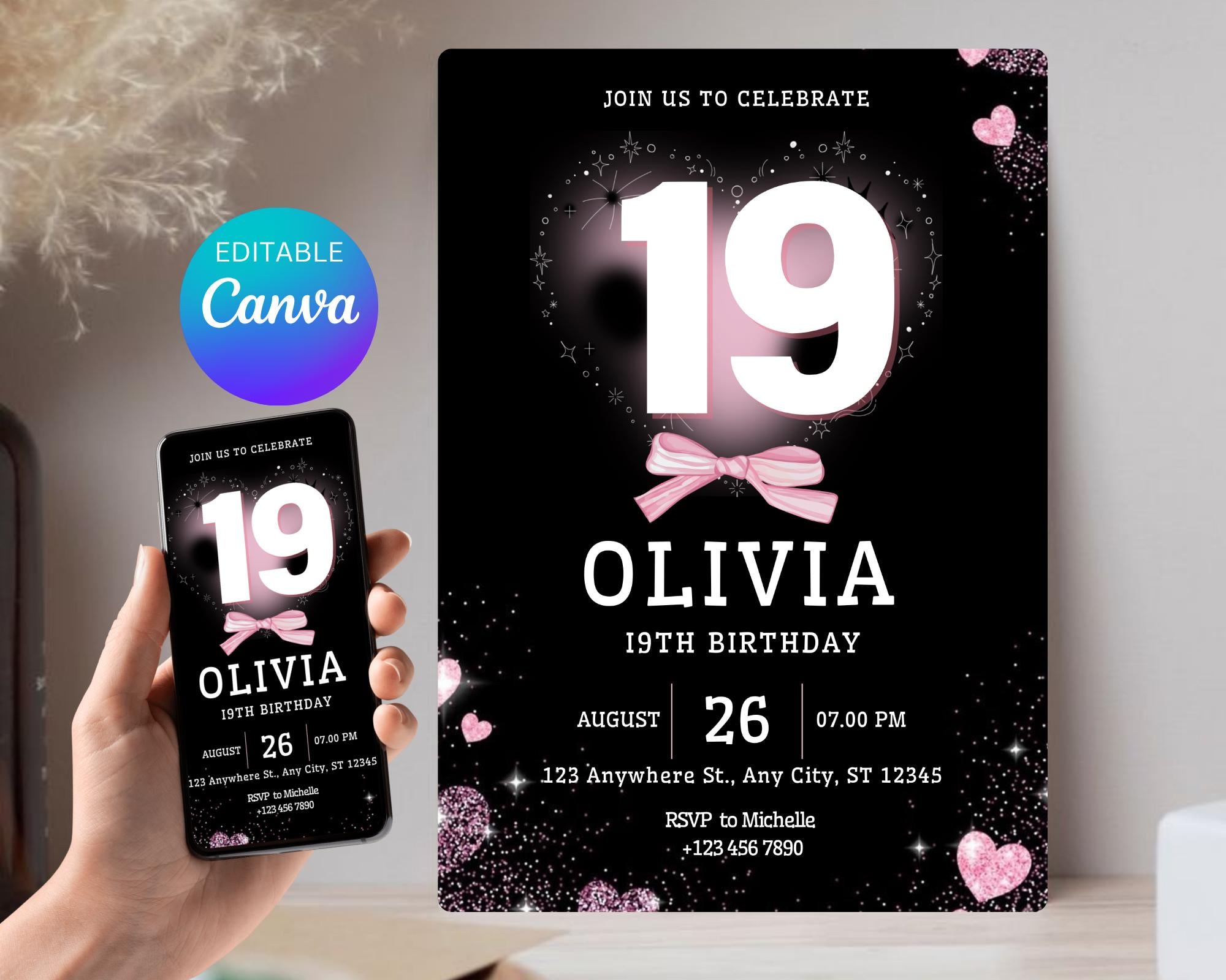 Editable Pink Balloon 19th Birthday Invitation Template for Girls, Printable Pink Confetti Girls Invites, Teenager Birthday Party Invitation