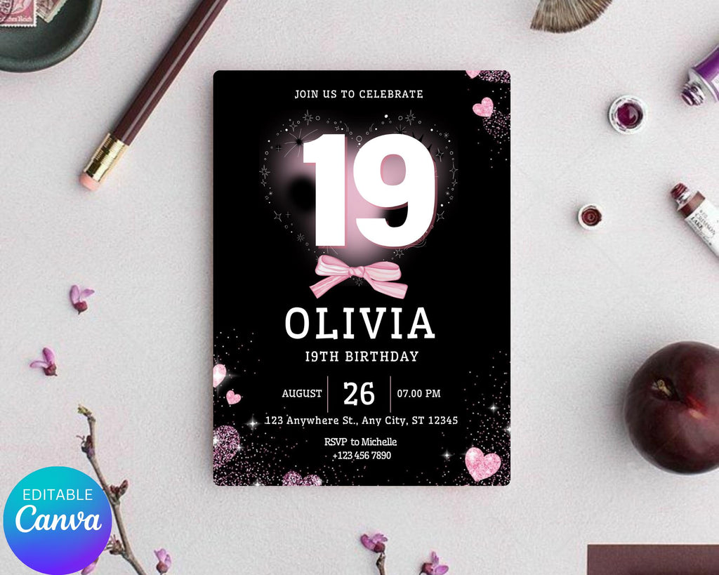 Editable Pink Balloon 19th Birthday Invitation Template for Girls, Printable Pink Confetti Girls Invites, Teenager Birthday Party Invitation