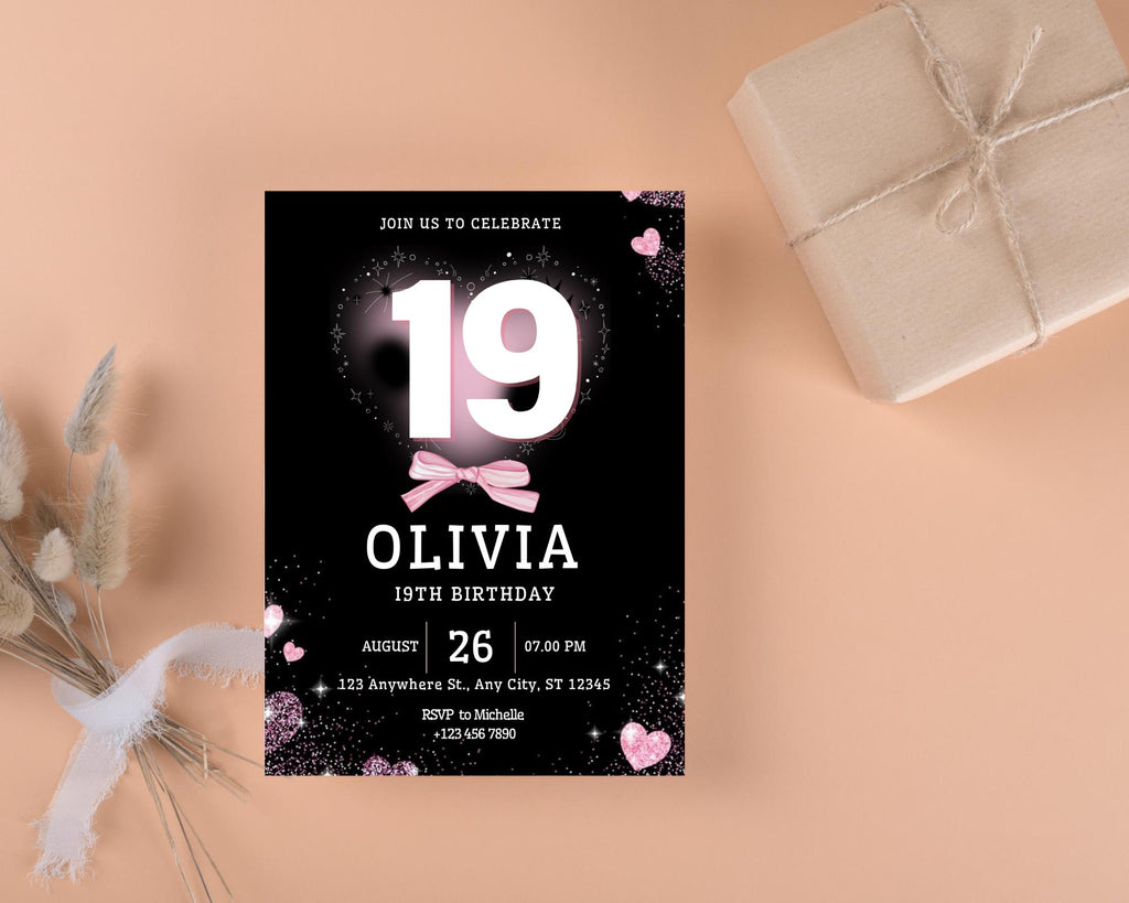 Editable Pink Balloon 19th Birthday Invitation Template for Girls, Printable Pink Confetti Girls Invites, Teenager Birthday Party Invitation