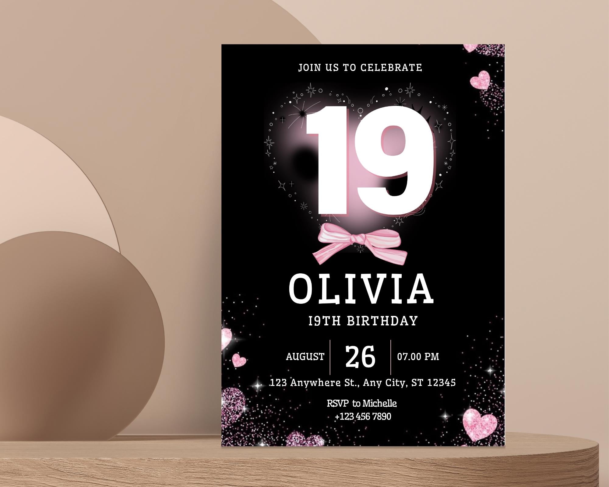 Editable Pink Balloon 19th Birthday Invitation Template for Girls, Printable Pink Confetti Girls Invites, Teenager Birthday Party Invitation