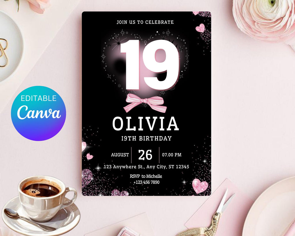 Editable Pink Balloon 19th Birthday Invitation Template for Girls, Printable Pink Confetti Girls Invites, Teenager Birthday Party Invitation