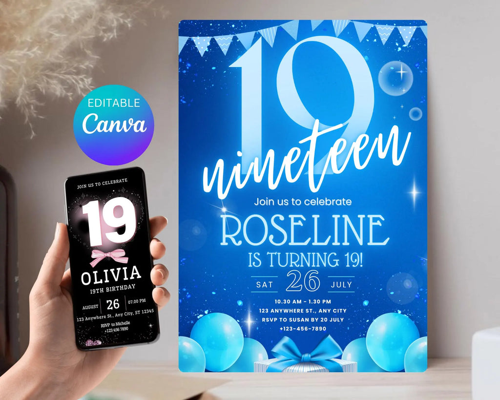 Neon Blue Teenager Birthday Invitation, Birthday Party Invite, Let’s Party, Blue Bold nineteen Birthday Invitation, Instant Download