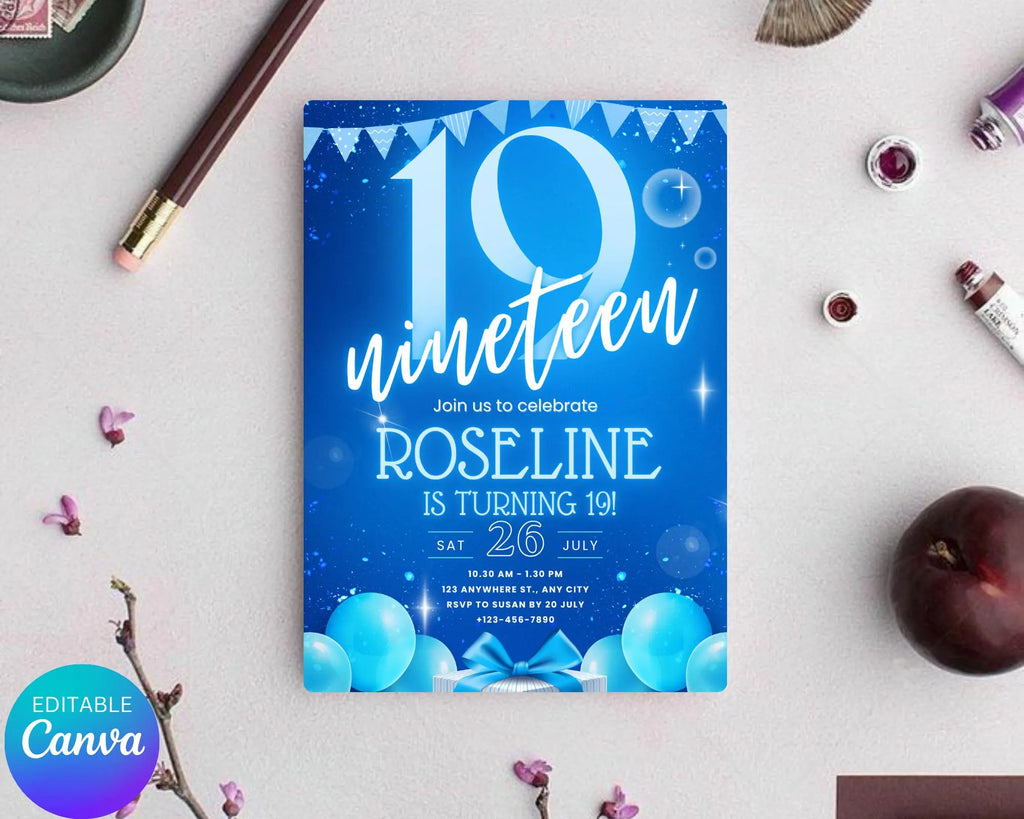 Neon Blue Teenager Birthday Invitation, Birthday Party Invite, Let’s Party, Blue Bold nineteen Birthday Invitation, Instant Download