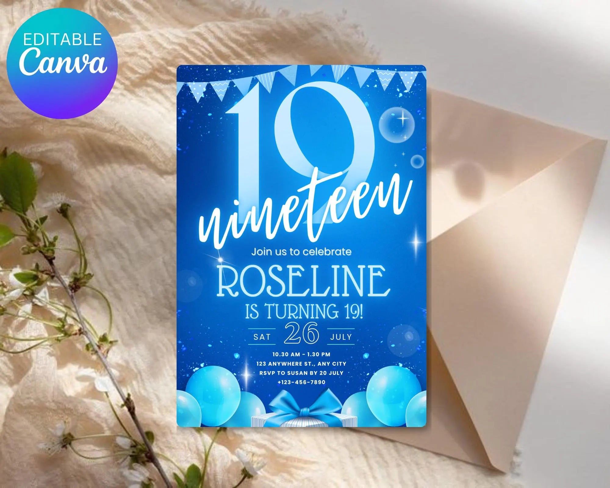 Neon Blue Teenager Birthday Invitation, Birthday Party Invite, Let’s Party, Blue Bold nineteen Birthday Invitation, Instant Download