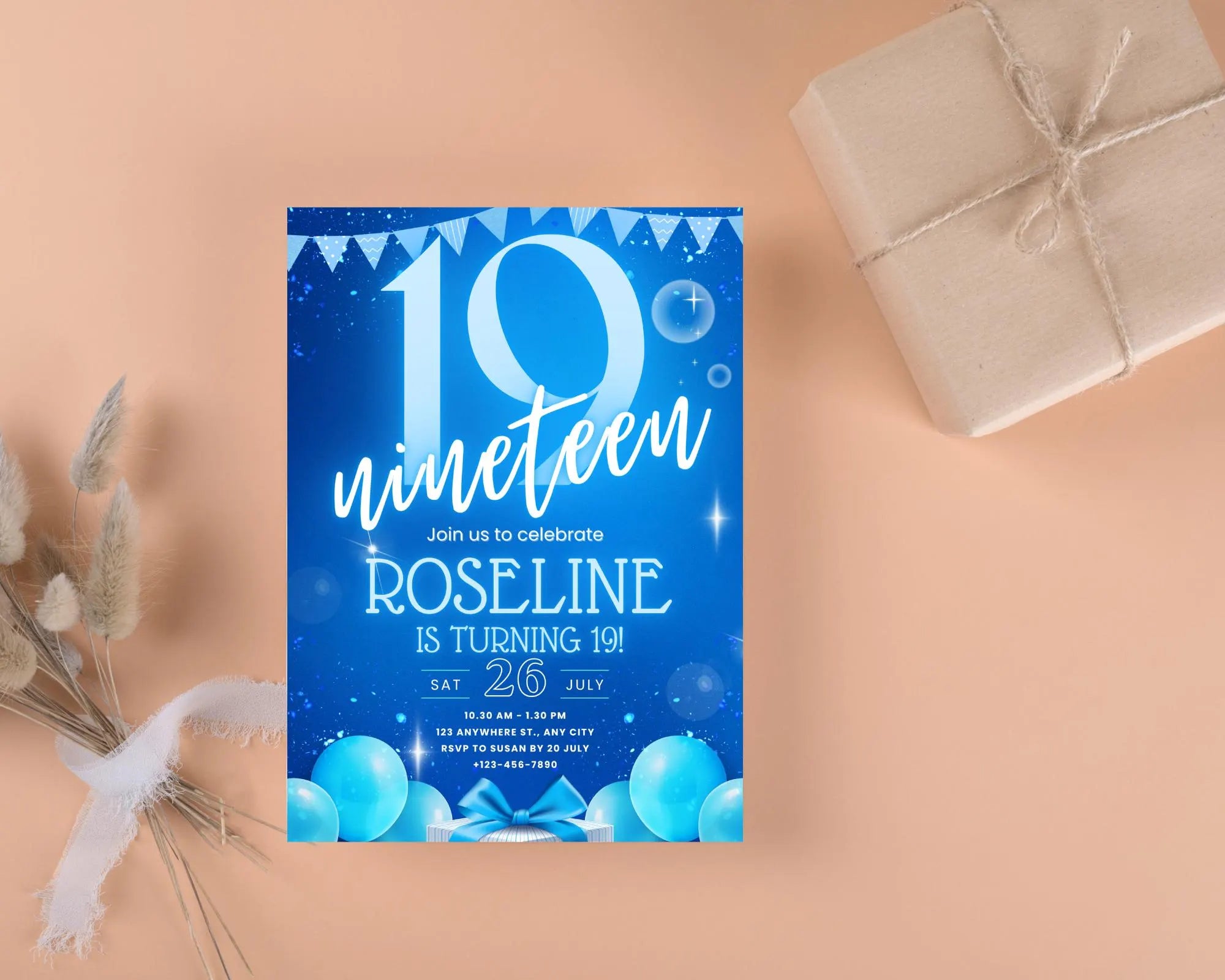 Neon Blue Teenager Birthday Invitation, Birthday Party Invite, Let’s Party, Blue Bold nineteen Birthday Invitation, Instant Download