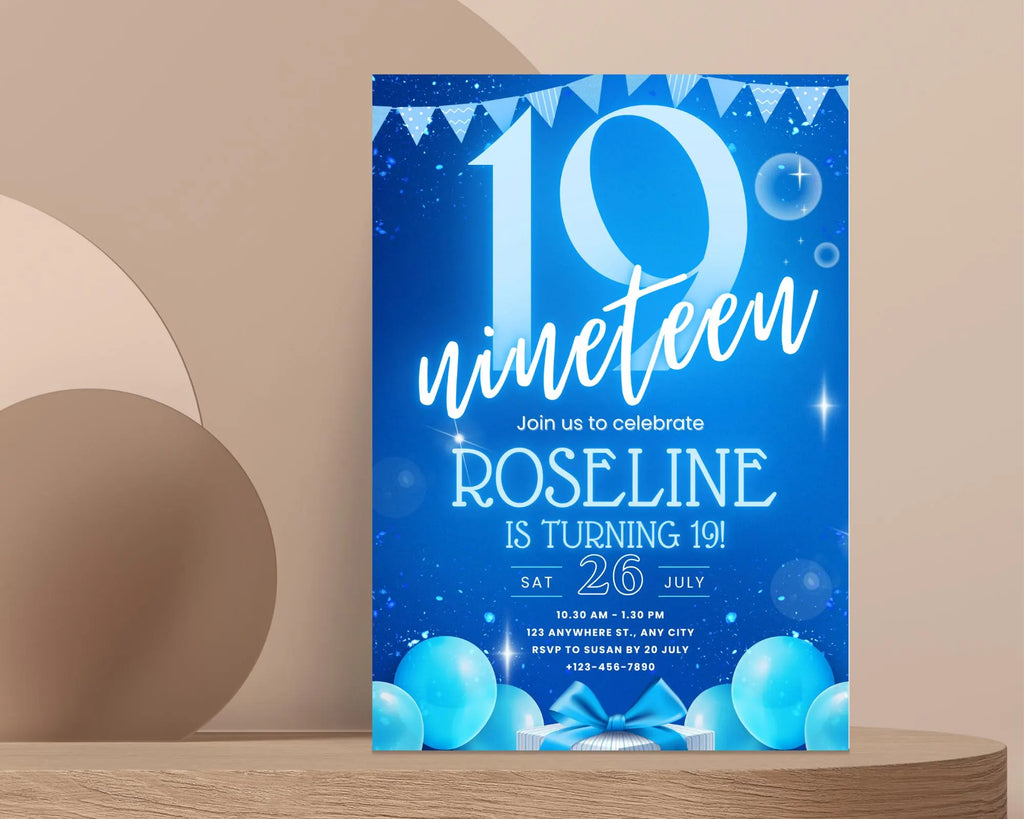 Neon Blue Teenager Birthday Invitation, Birthday Party Invite, Let’s Party, Blue Bold nineteen Birthday Invitation, Instant Download