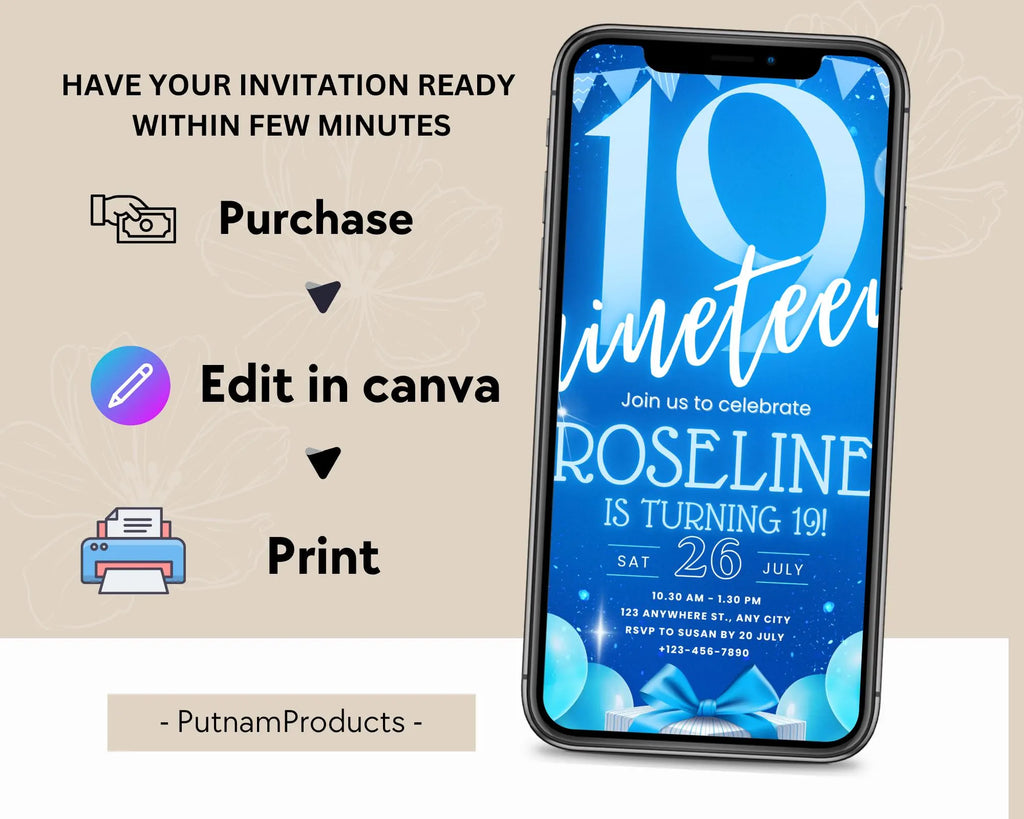 Neon Blue Teenager Birthday Invitation, Birthday Party Invite, Let’s Party, Blue Bold nineteen Birthday Invitation, Instant Download