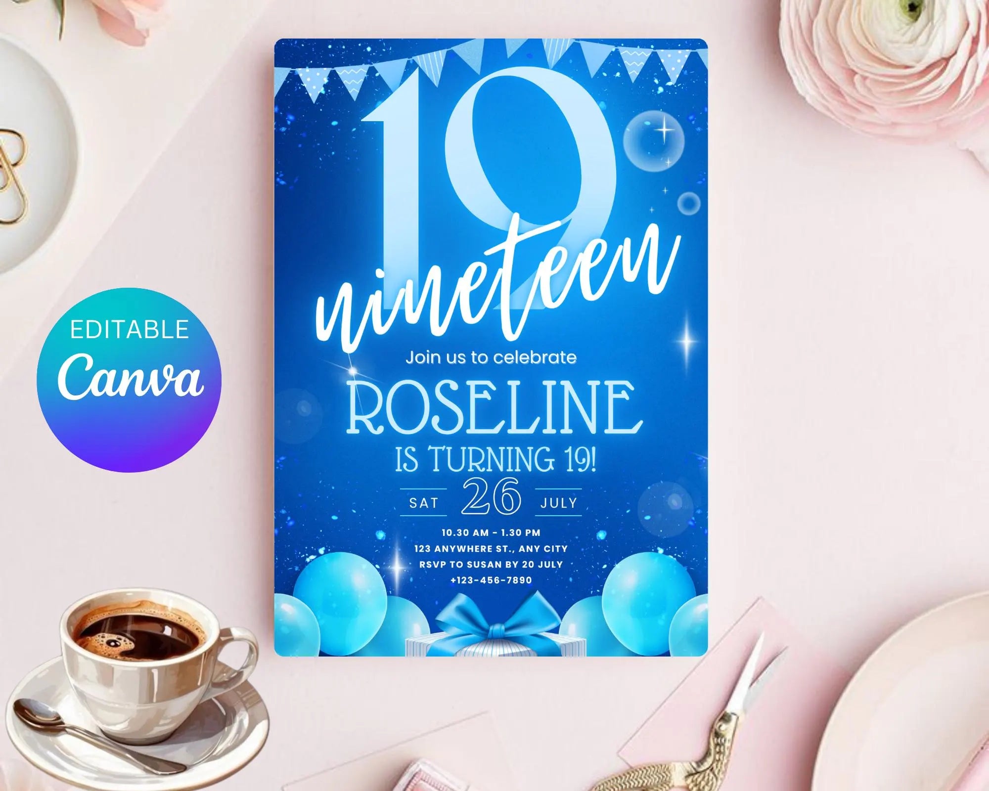 Neon Blue Teenager Birthday Invitation, Birthday Party Invite, Let’s Party, Blue Bold nineteen Birthday Invitation, Instant Download