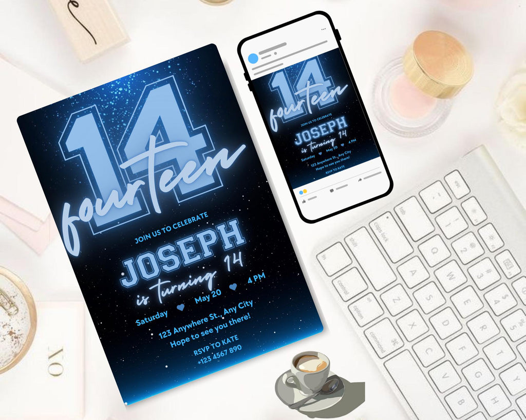 Black and Blue Glittering Birthday Invitation, Teenage Birthday Invite, Black Blue Glitter Birthday Invitation, Birthday Invitation Template