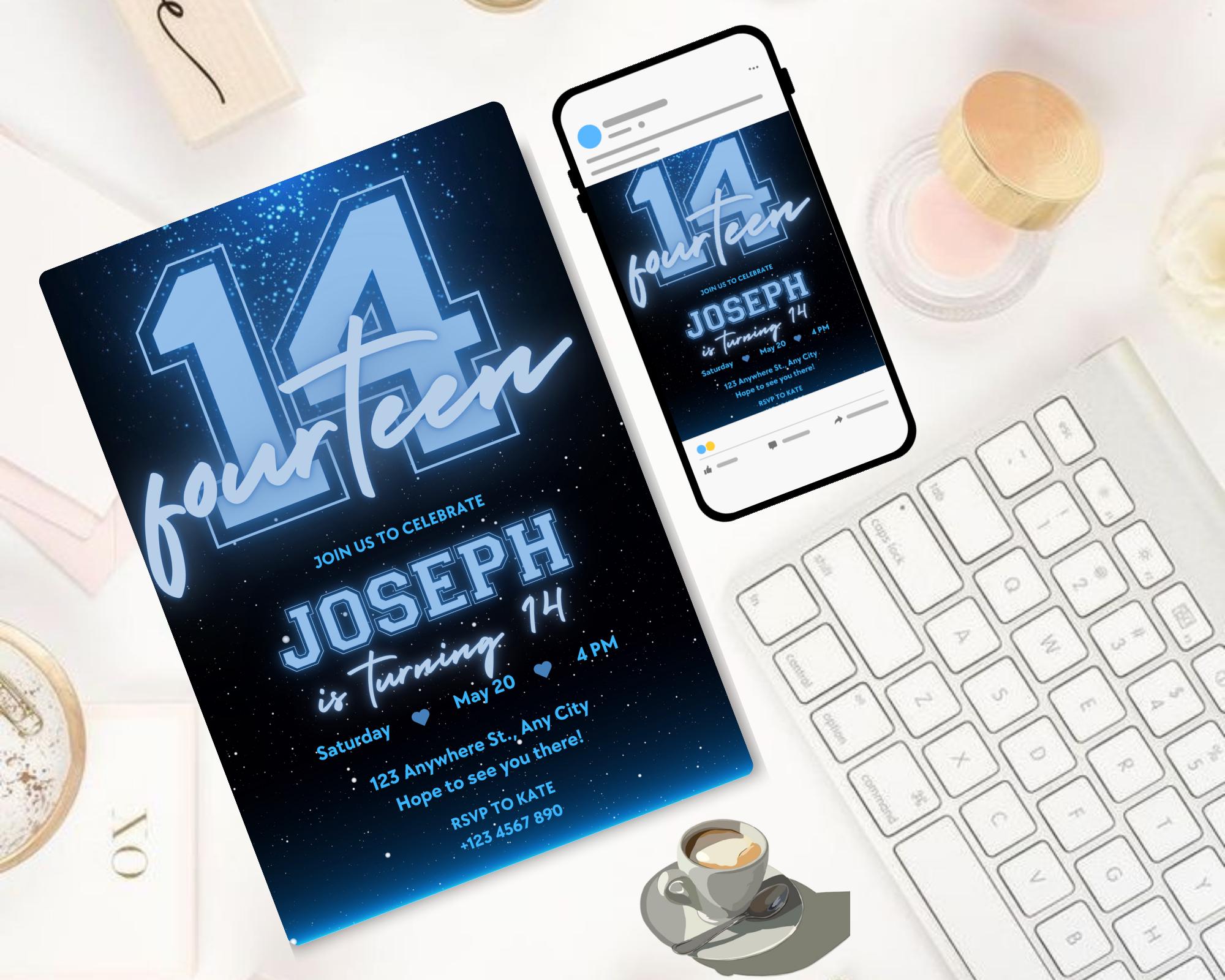 Black and Blue Glittering Birthday Invitation, Teenage Birthday Invite, Black Blue Glitter Birthday Invitation, Birthday Invitation Template