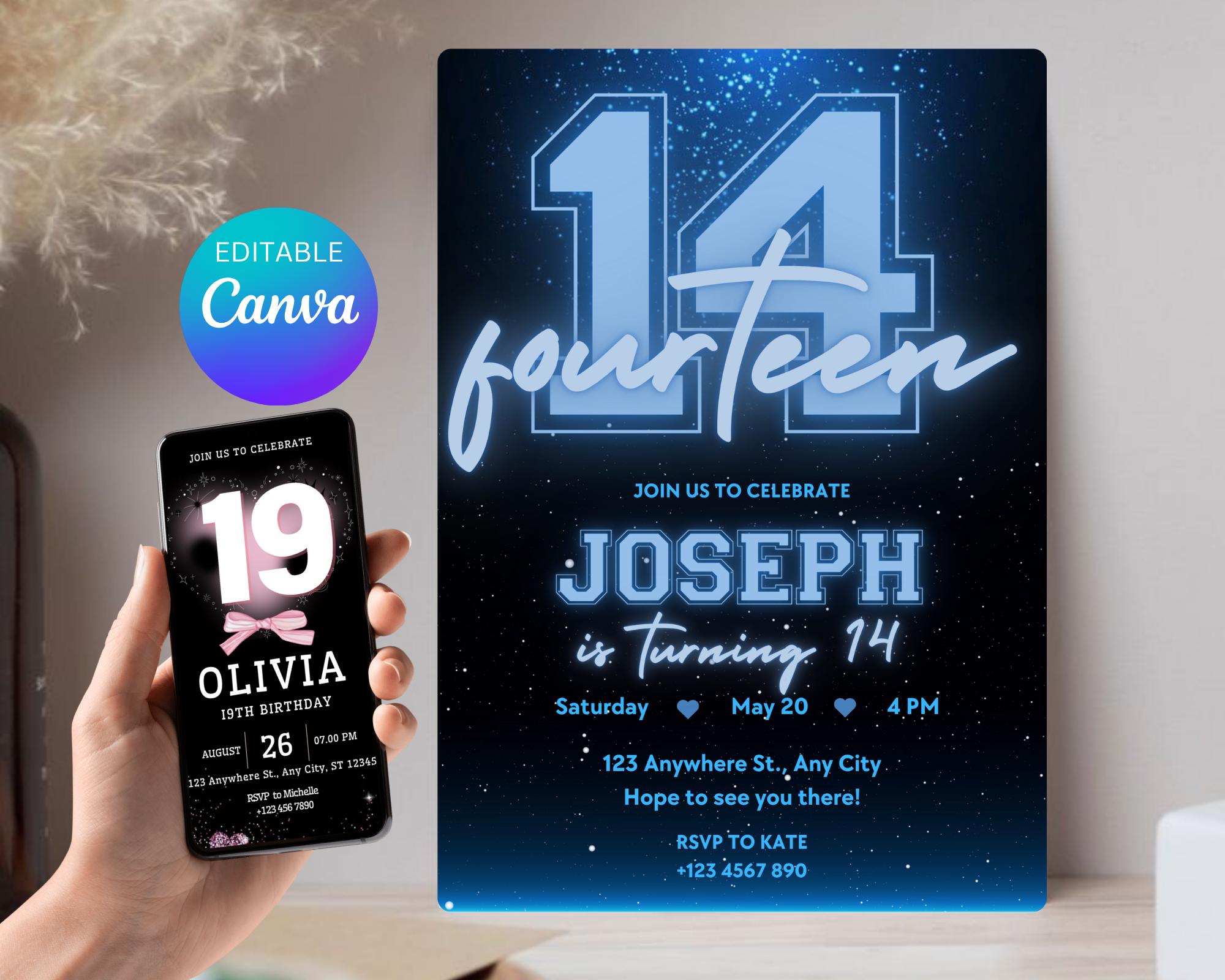 Black and Blue Glittering Birthday Invitation, Teenage Birthday Invite, Black Blue Glitter Birthday Invitation, Birthday Invitation Template