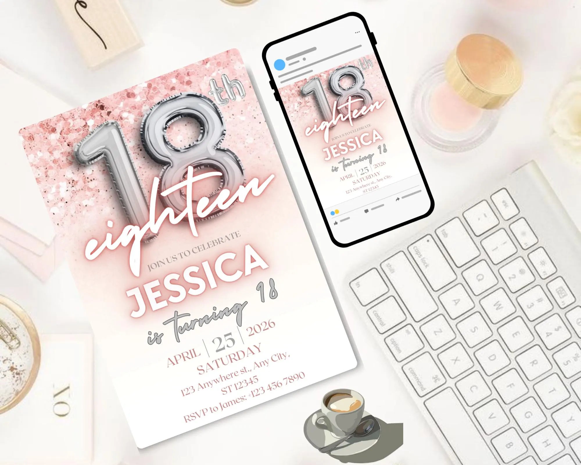 Editable Pink 18th Birthday Invitation Template, Pink Glitter Birthday Party Invite, Girl Eighteenth Birthday, Instant Download Template