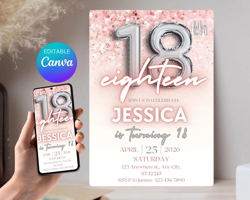 Editable Pink 18th Birthday Invitation Template, Pink Glitter Birthday Party Invite, Girl Eighteenth Birthday, Instant Download Template