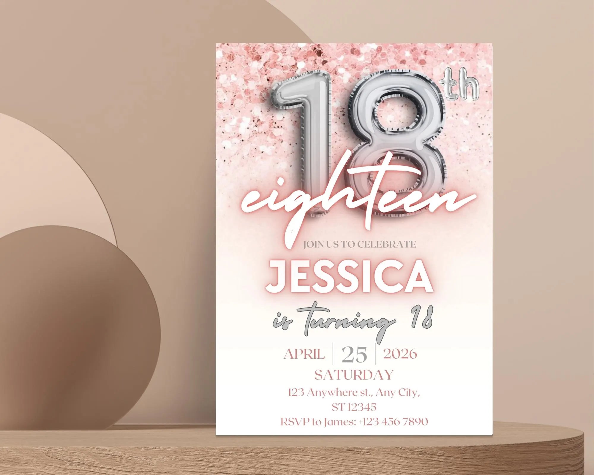 Editable Pink 18th Birthday Invitation Template, Pink Glitter Birthday Party Invite, Girl Eighteenth Birthday, Instant Download Template