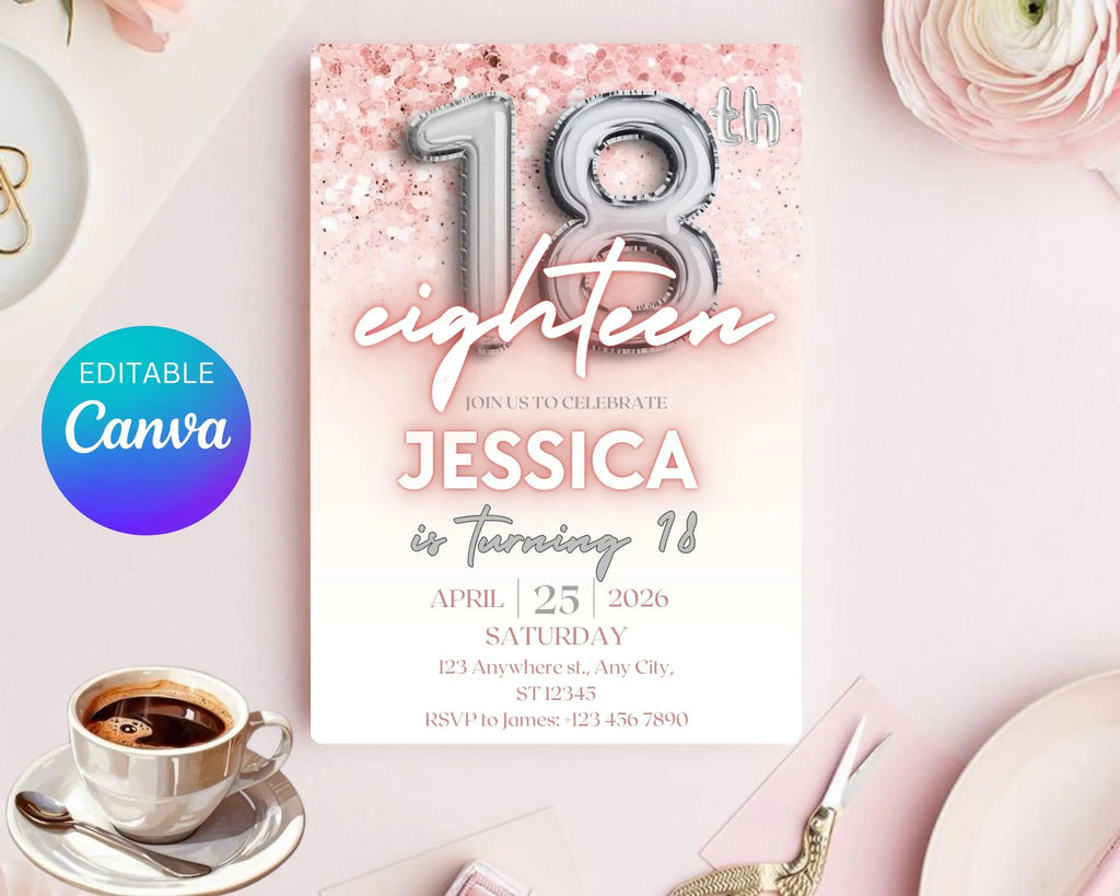 Editable Pink 18th Birthday Invitation Template, Pink Glitter Birthday Party Invite, Girl Eighteenth Birthday, Instant Download Template