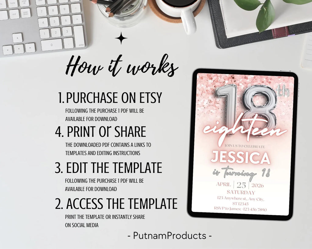 Editable Pink 18th Birthday Invitation Template, Pink Glitter Birthday Party Invite, Girl Eighteenth Birthday, Instant Download Template
